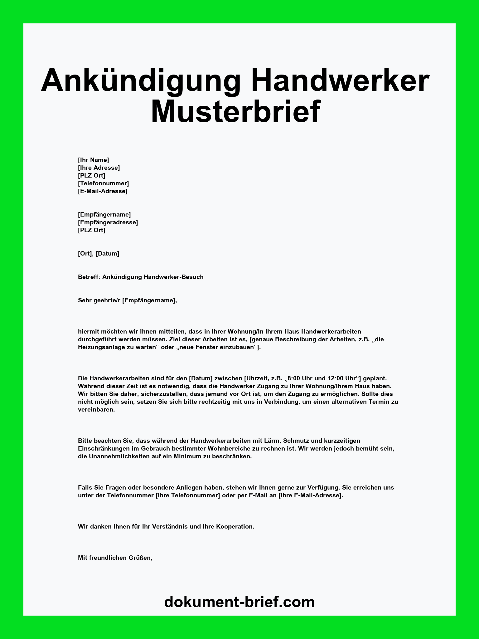 Musterbrief - Ankündigung Handwerker
