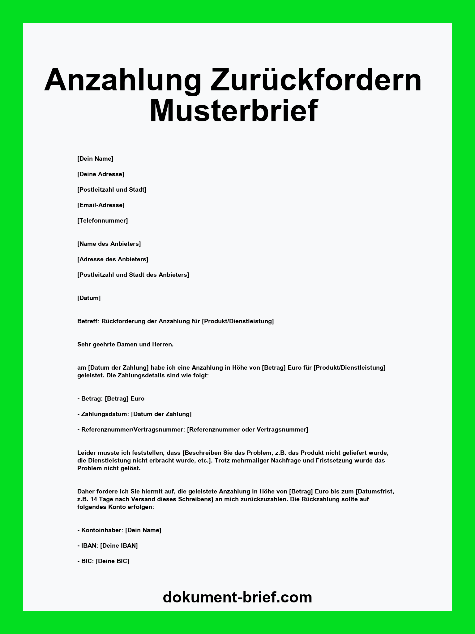Musterbrief - Anzahlung Zurückfordern