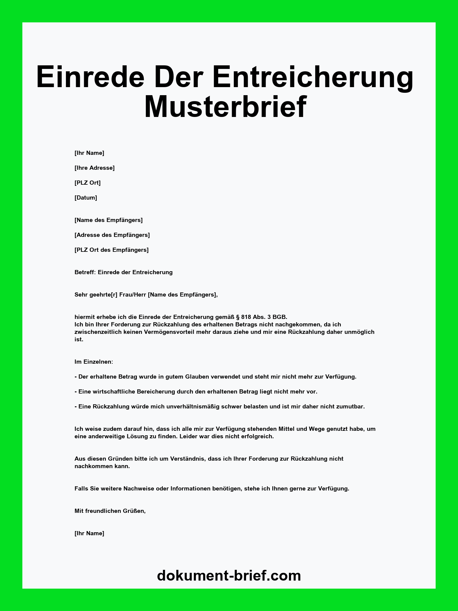 Musterbrief - Einrede Der Entreicherung