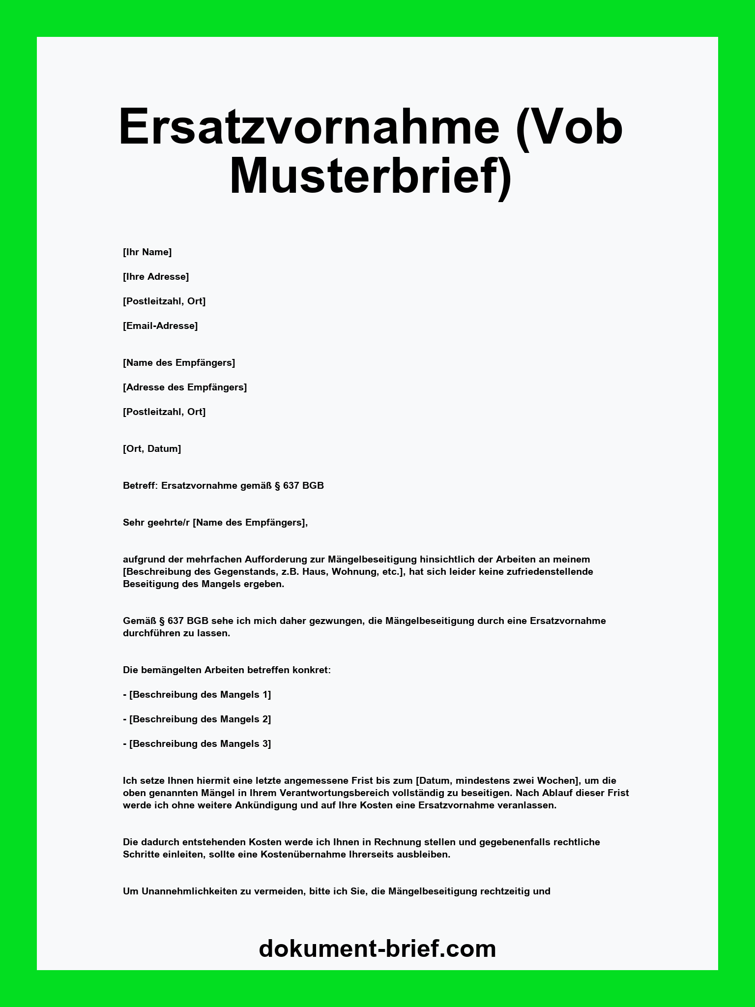 Musterbrief - Ersatzvornahme (Vob )