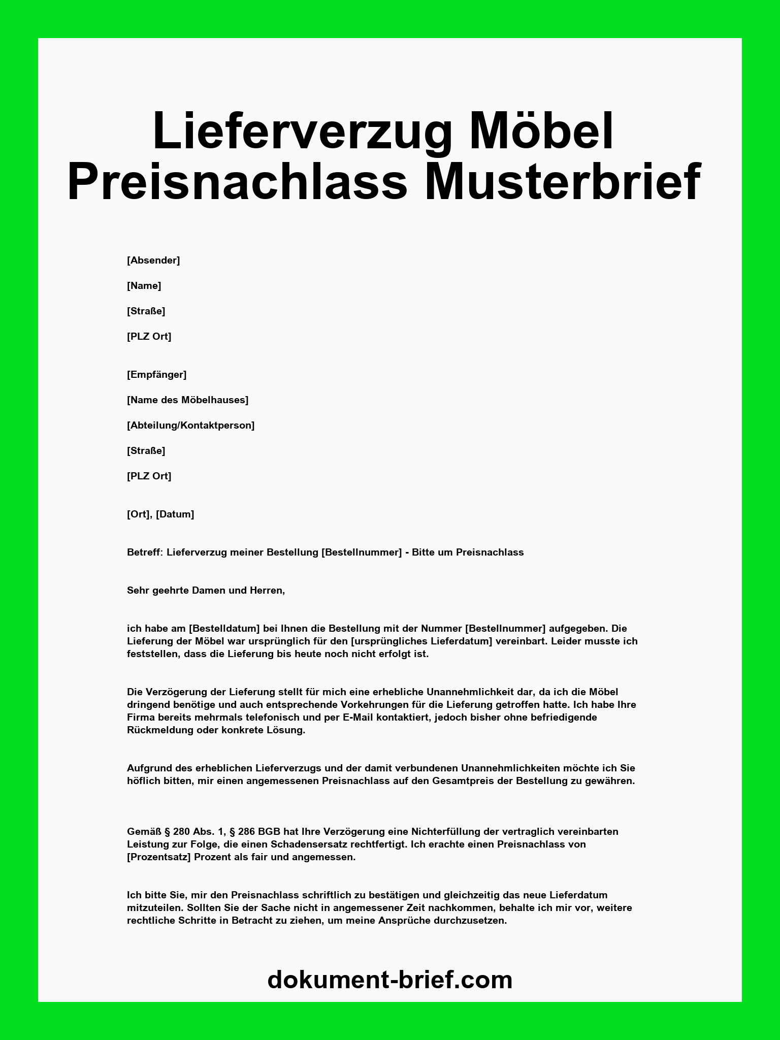 Musterbrief - Lieferverzug Möbel Preisnachlass