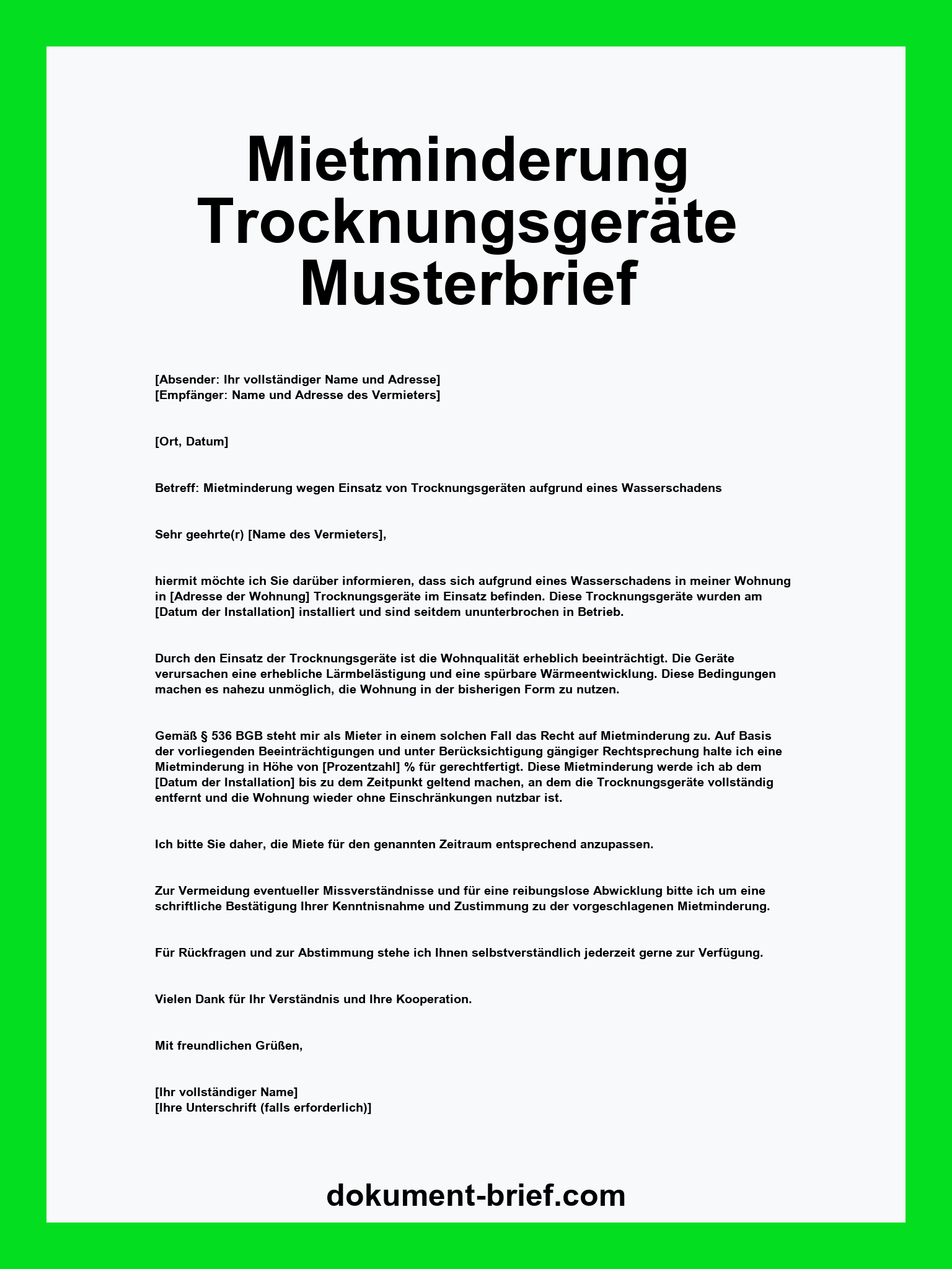 Musterbrief - Mietminderung Trocknungsgeräte