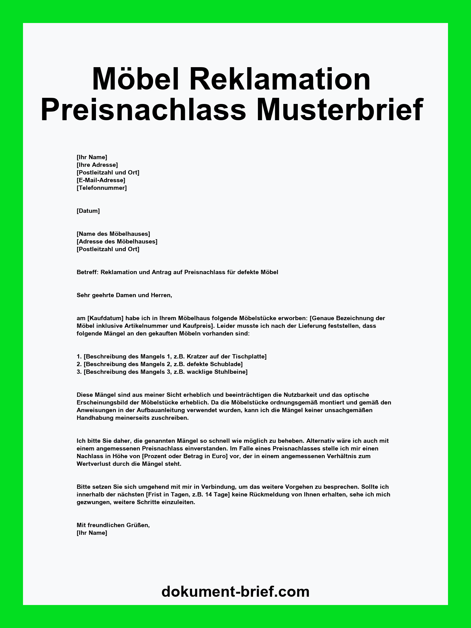 Musterbrief - Möbel Reklamation Preisnachlass