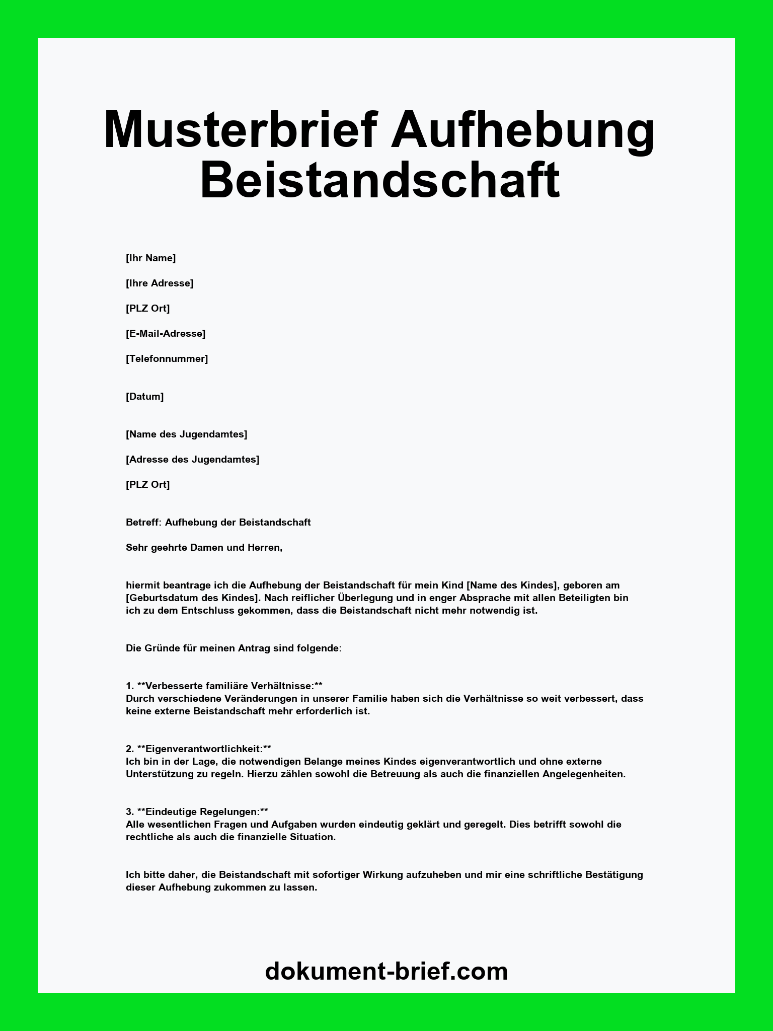 Musterbrief - Aufhebung Beistandschaft