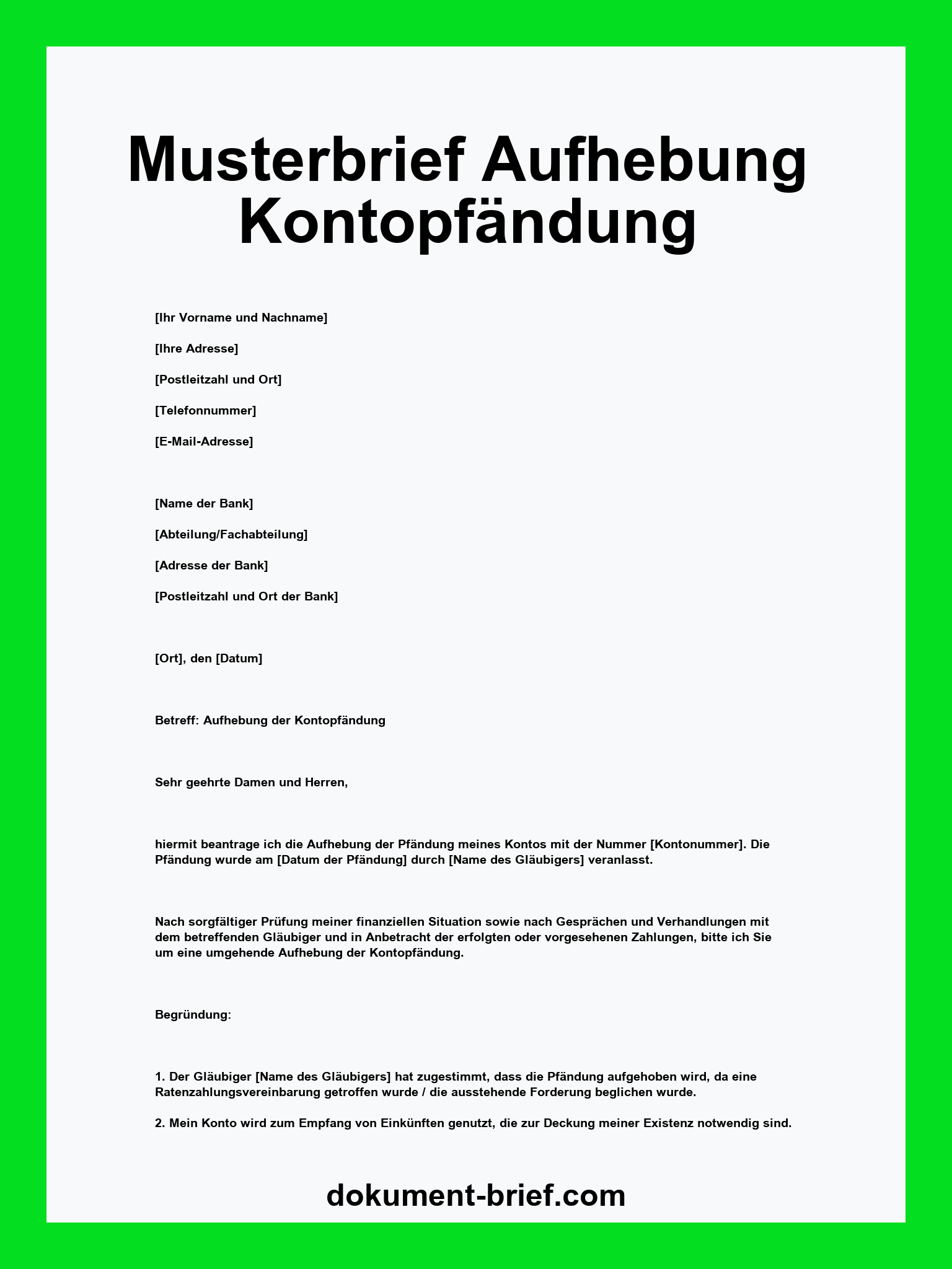 Musterbrief - Aufhebung Kontopfändung
