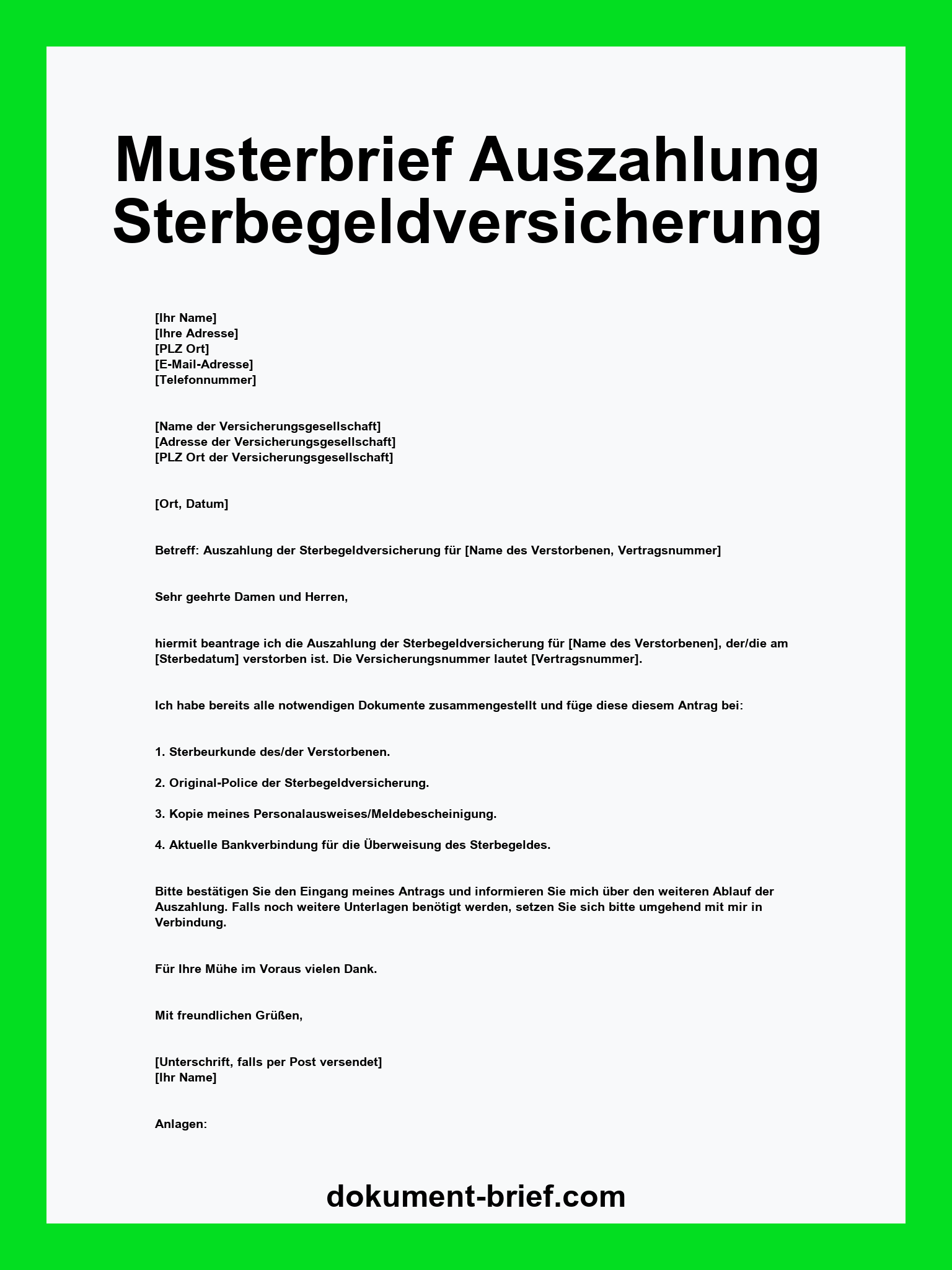 Musterbrief - Auszahlung Sterbegeldversicherung