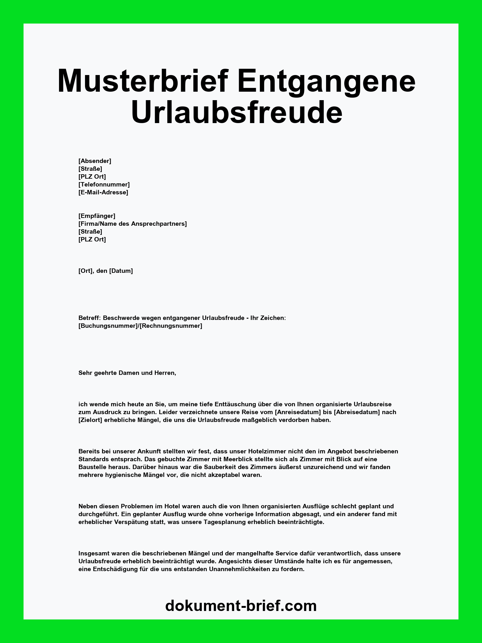 Musterbrief - Entgangene Urlaubsfreude