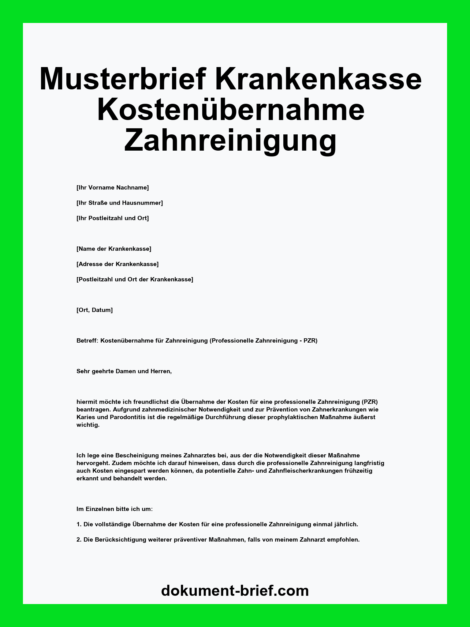 Musterbrief - Krankenkasse Kostenübernahme Zahnreinigung