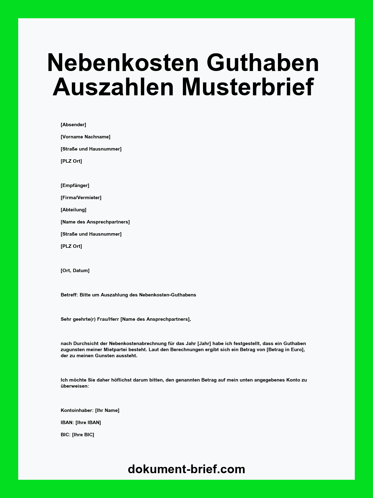 Musterbrief - Nebenkosten Guthaben Auszahlen