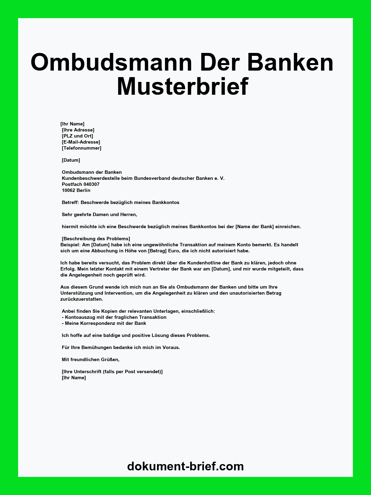 Musterbrief - Ombudsmann Der Banken