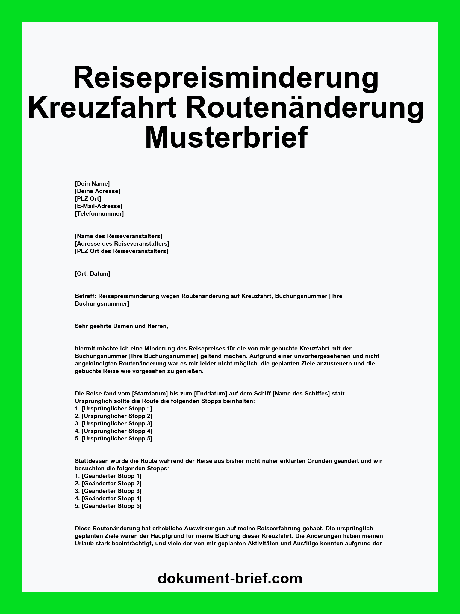Musterbrief - Reisepreisminderung Kreuzfahrt Routenänderung