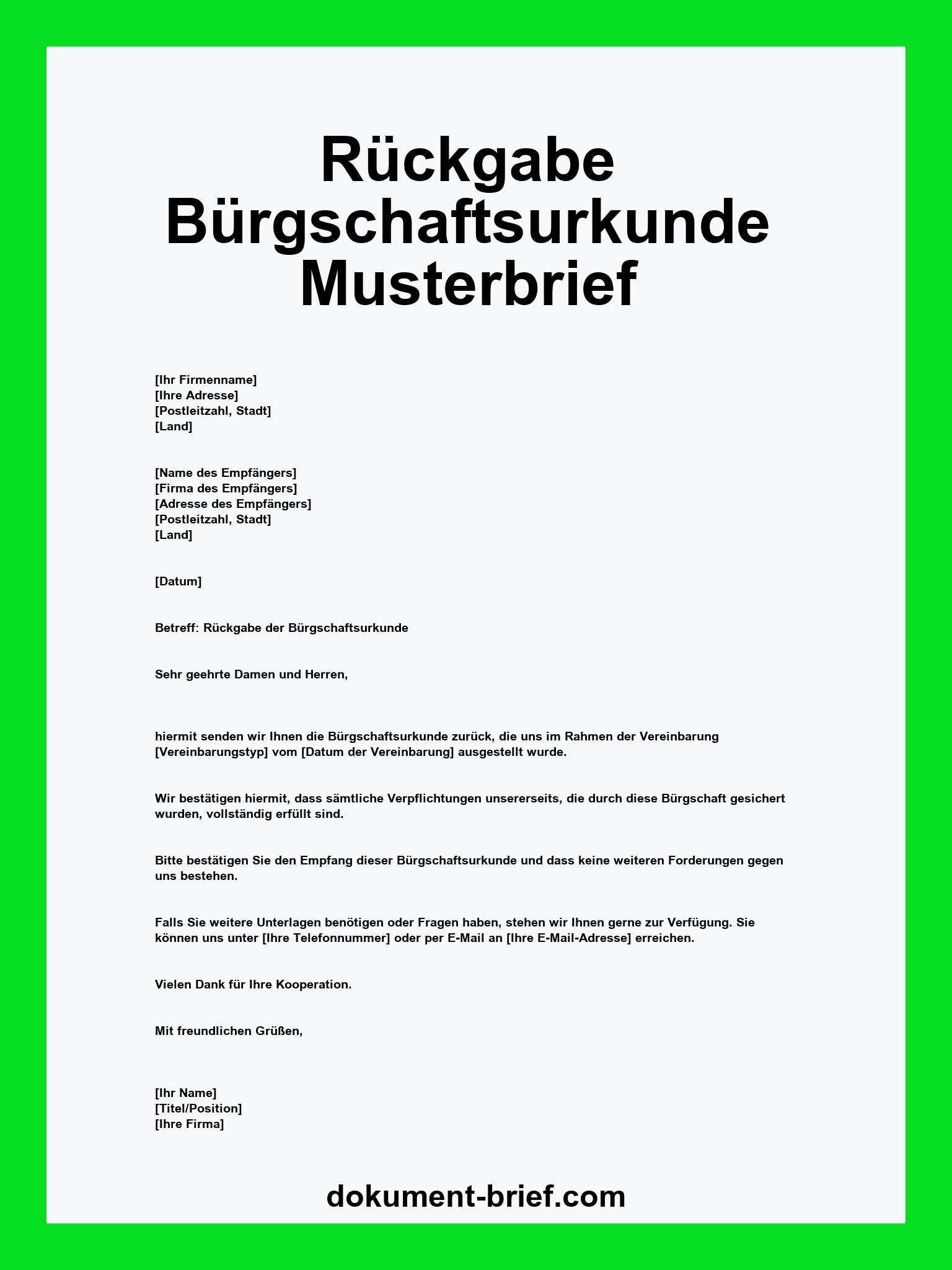 Musterbrief - Rückgabe Bürgschaftsurkunde
