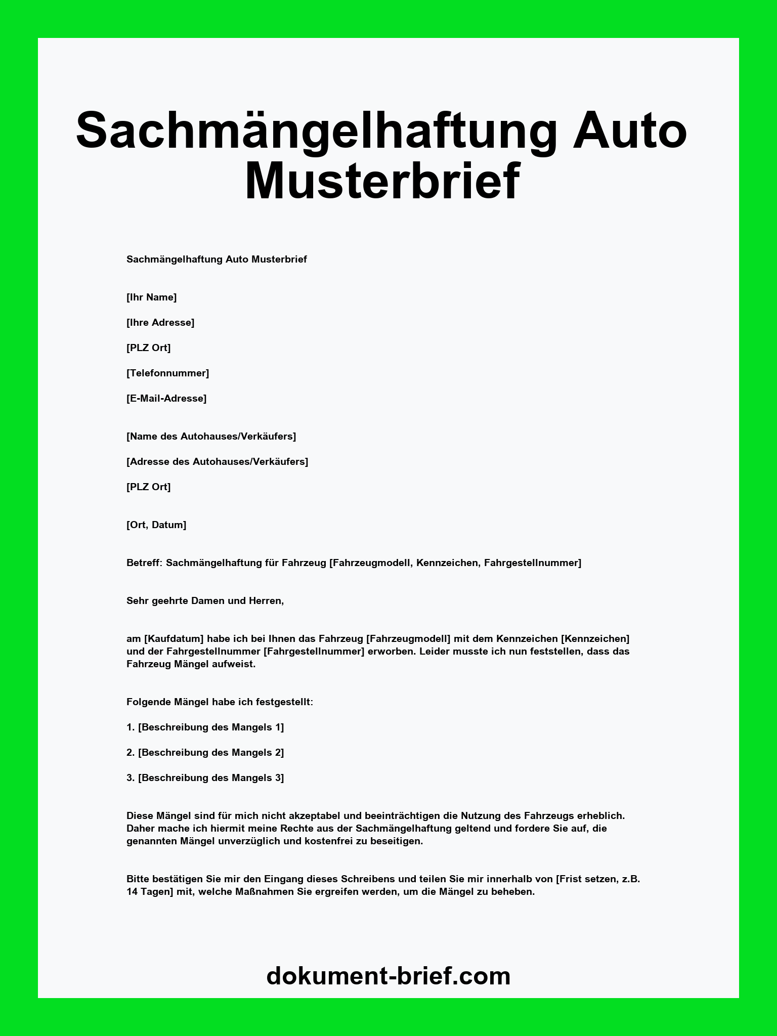 Musterbrief - Sachmängelhaftung Auto