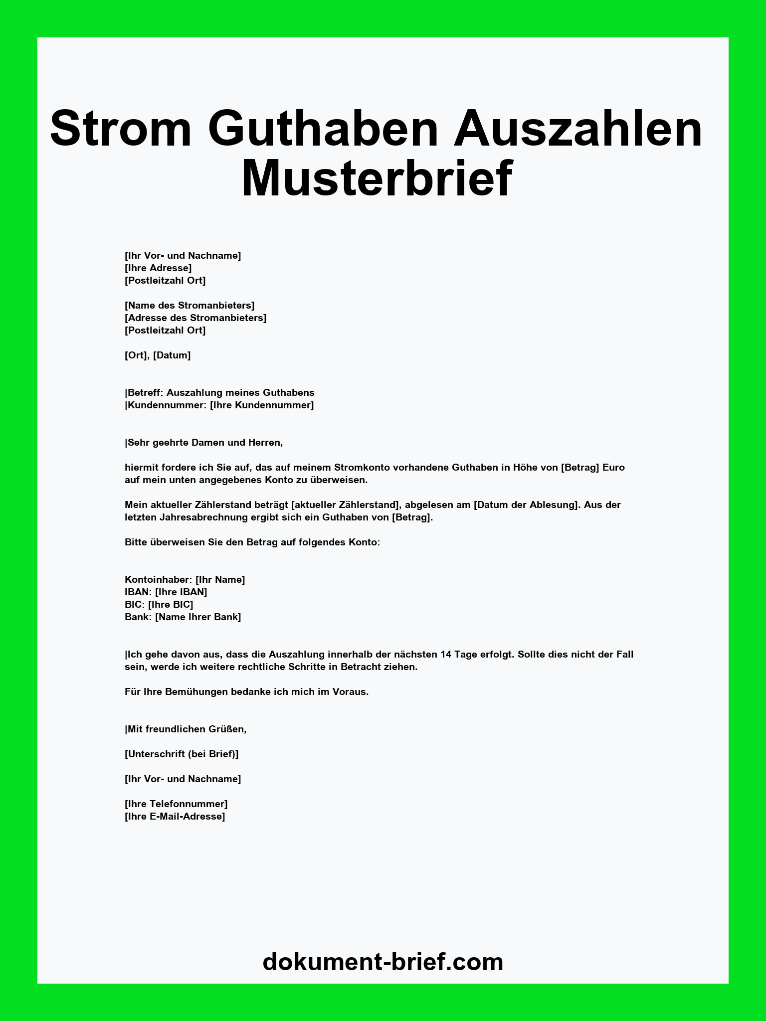 Musterbrief - Strom Guthaben Auszahlen