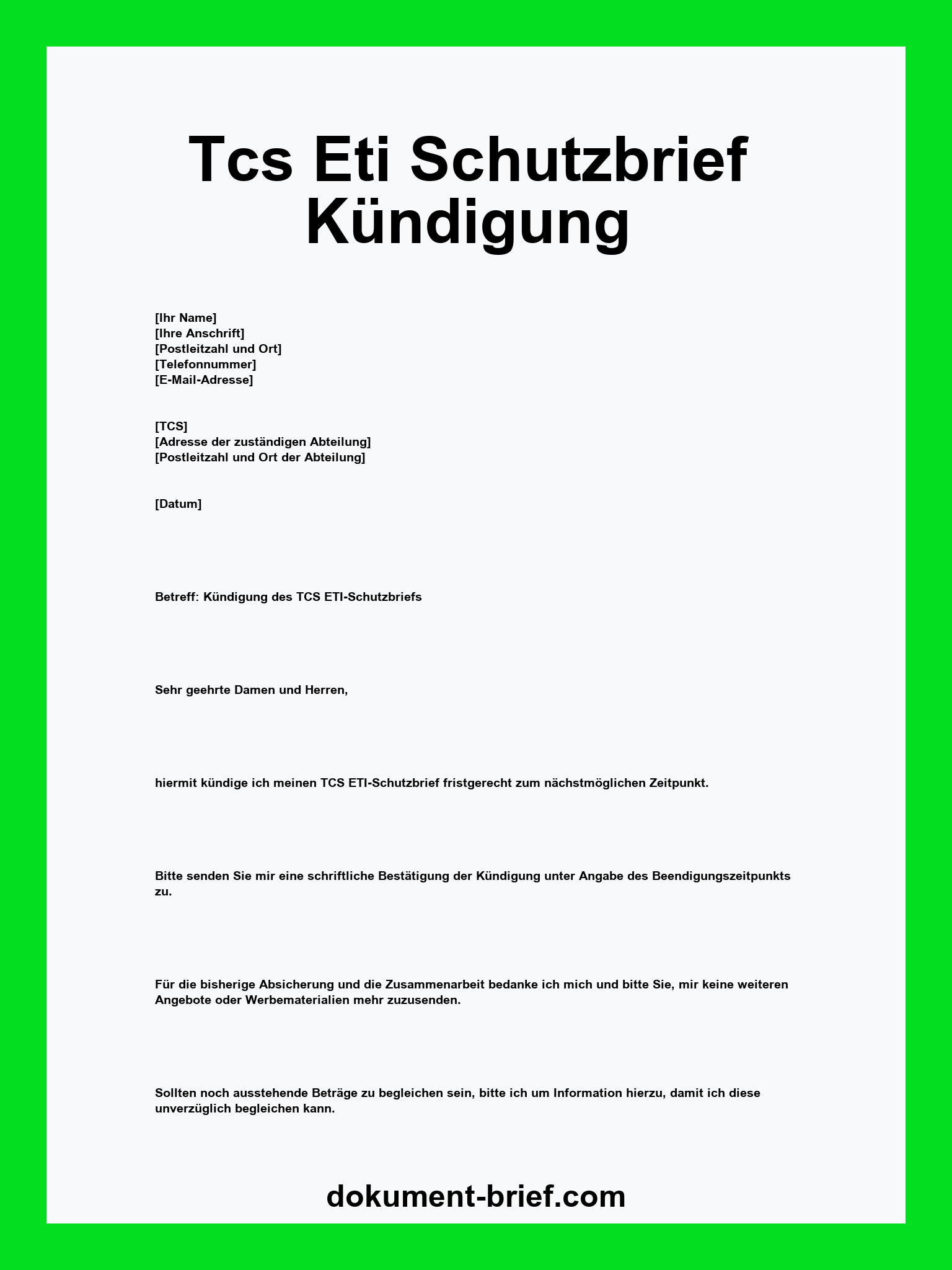 Tcs Eti Schutzbrief Kündigung Vorlage