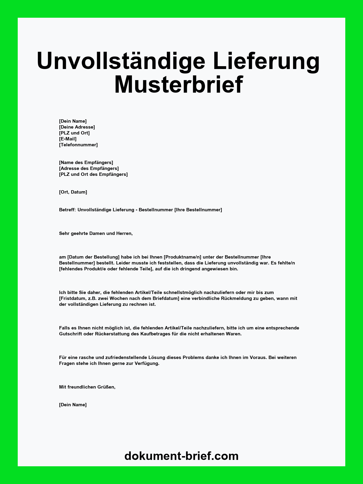Musterbrief - Unvollständige Lieferung