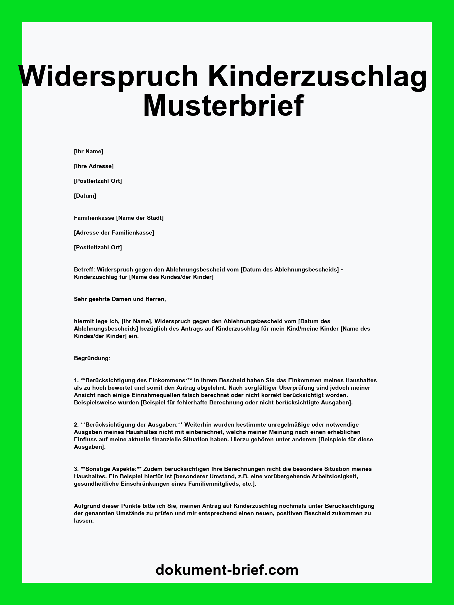Musterbrief - Widerspruch Kinderzuschlag