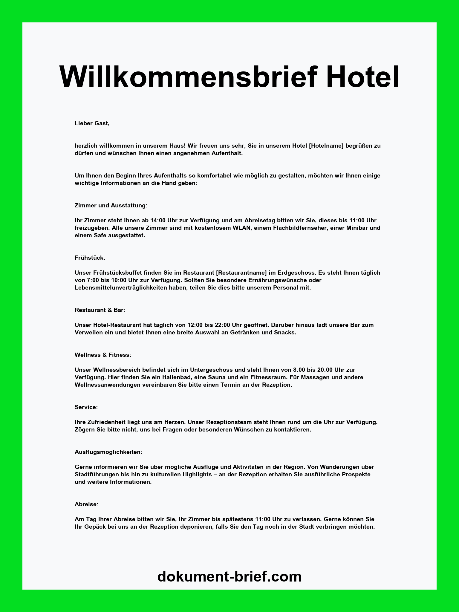 Willkommensbrief Hotel Muster